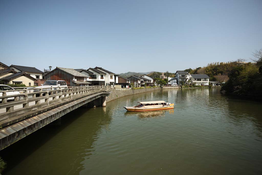 Foto, materiell, befreit, Landschaft, Bild, hat Foto auf Lager,Matsue-jo Burg, Das Besichtigen von Schiff, Brcke, Wassergraben, Ishigaki