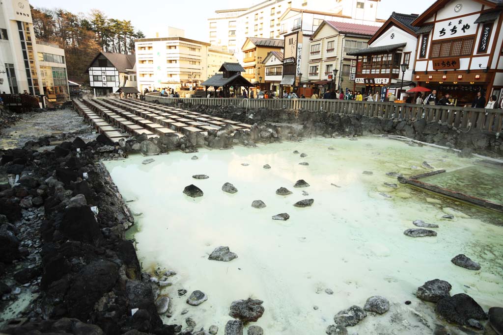 Foto, materiell, befreit, Landschaft, Bild, hat Foto auf Lager,Kusatsu heier Frhling heies Wasserfeld, Stein, heier Frhling, Schwefel, Heies Wasser