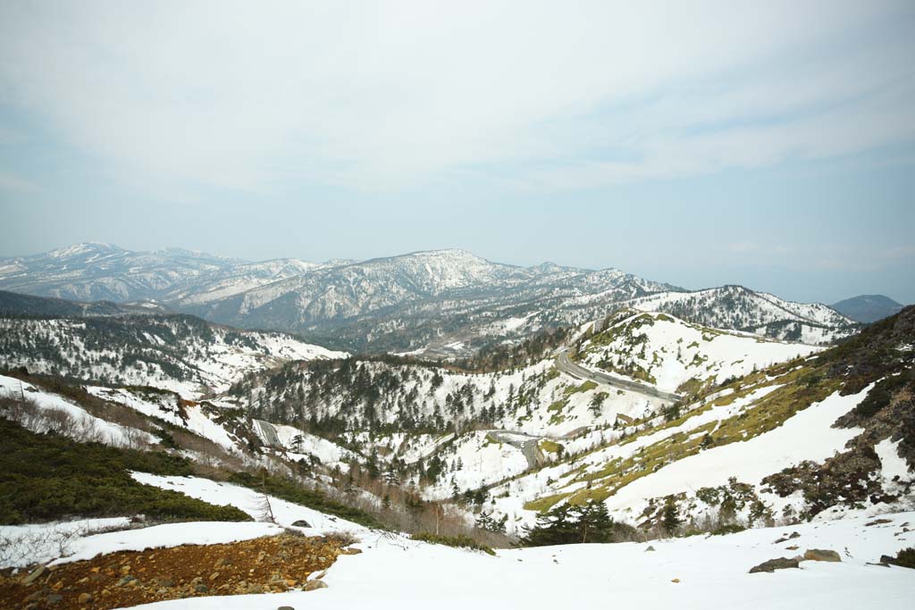 Foto, materieel, vrij, landschap, schilderstuk, bevoorraden foto,Kusatsu Mt. Shirane besneeuwd veld, Boom, Blauwe lucht, Hoge berg, Gedaante van een boom