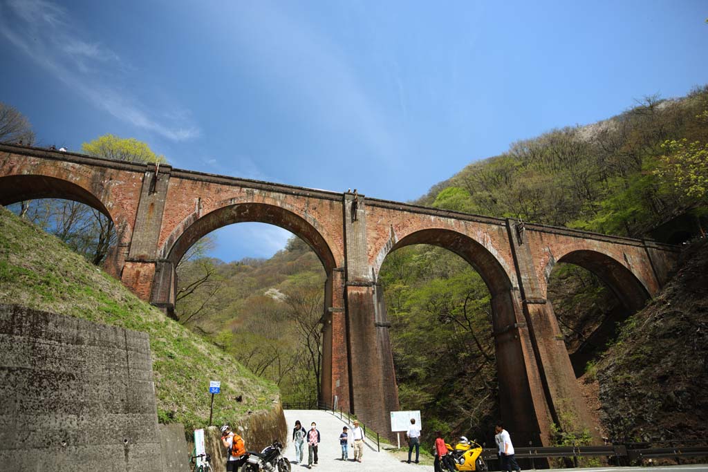 fotografia, material, livra, ajardine, imagine, proveja fotografia,Megane-bashi atravessam, ponte de estrada de ferro, Usui passagem montesa, Yokokawa, A terceira ponte de Usui