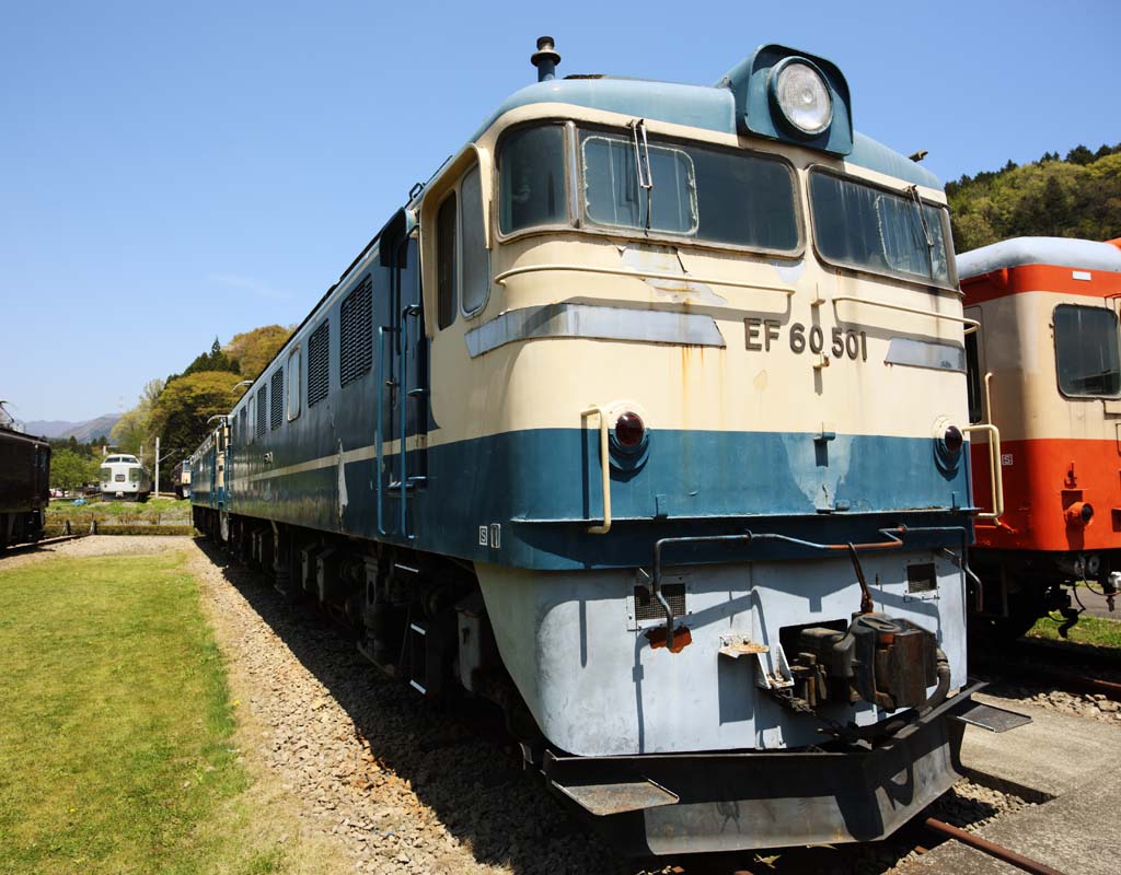 Foto, materiell, befreit, Landschaft, Bild, hat Foto auf Lager,Hetzen Sie Galvanismuslokomotive EF60, Eisenbahn, Blau, Verbindungsstecker, Eine elektrische Lokomotive