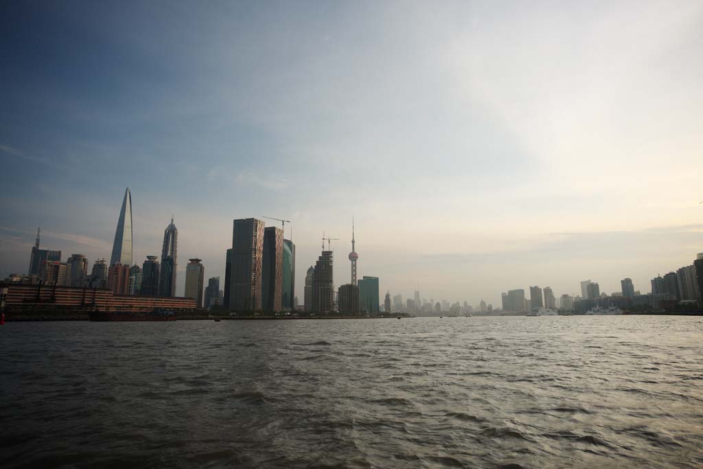 foto,tela,gratis,paisaje,fotografa,idea,Huangpu Jiang, Sol poniente, Transbordador, , Rascacielos