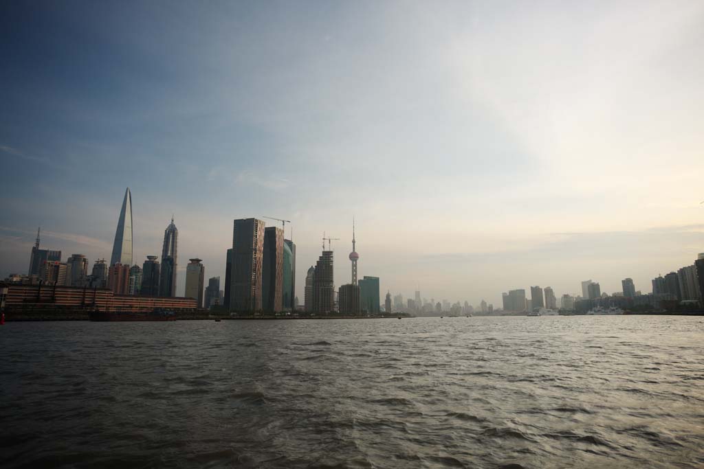 Foto, materiell, befreit, Landschaft, Bild, hat Foto auf Lager,Huangpu Jiang, Das Setzen von Sonne, Fhre, , Wolkenkratzer