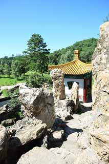 Foto, materiell, befreit, Landschaft, Bild, hat Foto auf Lager,Das bersommern von Gebirgshtte Wenjin Pavilion, Eine Welle, Lagerung von vier vollstndigen Arbeiten, Stein, Ch'ing