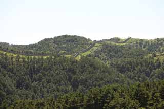 Foto, materiell, befreit, Landschaft, Bild, hat Foto auf Lager,Eine bersommernde Gebirgshttenburgmauer, Eine uere Mauer, Verteidigung, Burgmauer, Ch'ing