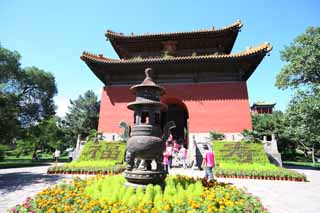 Foto, materiell, befreit, Landschaft, Bild, hat Foto auf Lager,Ein XumiFushouTemple-Monument Laube, Eine Weihrauchlampe, Ich werde in roten gemalt, verzieren Sie mit Blumen das Bett, Monument