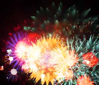 Foto, materiell, befreit, Landschaft, Bild, hat Foto auf Lager,Tama-Fluss Feuerwerk Demonstration, Das Starten von Feuerwerk, natrliche Szene oder Gegenstand, der poetischen Charme der Jahreszeit des Sommers hinzufgt, Signalfeuer, Helligkeit