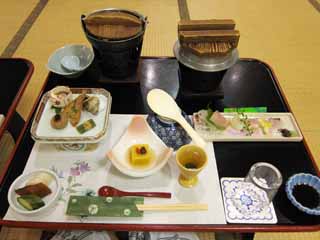 fotografia, material, livra, ajardine, imagine, proveja fotografia,Uma baixa mesa jantando, panela, , Hors-d'oeuvres, Sashimi