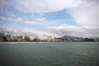 photo,material,free,landscape,picture,stock photo,Creative Commons,Pusan Guangan village, blue sky, sandy beach, building, The sea