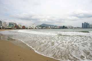 Foto, materiell, befreit, Landschaft, Bild, hat Foto auf Lager,Pusan Guangan-Dorf, Welle, sandiger Strand, Gebude, Das Meer