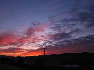 photo,material,free,landscape,picture,stock photo,Creative Commons,The daybreak, Rosy-pink clouds, An electric wire, road, Early in the morning