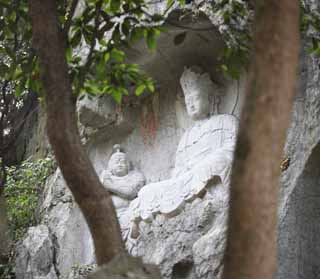 Foto, materieel, vrij, landschap, schilderstuk, bevoorraden foto,Een Hangzhoulingyingtemple afbeelding van De boeddha ingeschreven op de afe klif, Boeddhisme, Ishibotoke, Boeddhist afbeelding, Trouw