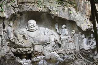 Foto, materiell, befreit, Landschaft, Bild, hat Foto auf Lager,Es ist eine sitzende Figur in HangzhouLingyingTemple grner Holz antral westliches Steingesicht, Buddhismus, Ishibotoke, Buddhistisches Bild, Faith