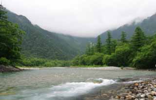 photo, la matire, libre, amnage, dcrivez, photo de la rserve,Mt. Hotaka regardent de la Rivire Azusa, rivire, arbre, eau, montagne