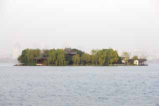 photo, la matire, libre, amnage, dcrivez, photo de la rserve,Xi-hu lac, Une le, saule, Un arbre, Btiment chinois