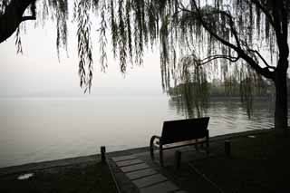 photo,material,free,landscape,picture,stock photo,Creative Commons,Xi-hu lake, surface of a lake, , willow, bench
