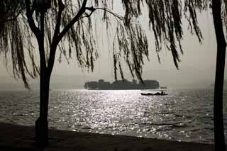 fotografia, material, livra, ajardine, imagine, proveja fotografia,Xi-hu lago, Uma ilha, silhueta, superfcie de um lago, navio