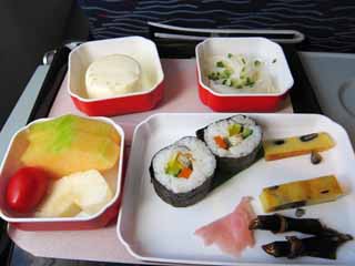 photo,material,free,landscape,picture,stock photo,Creative Commons,An in-flight meal, Vinegared rice rolled in dried laver, Udon, Fruit, Mimeograph