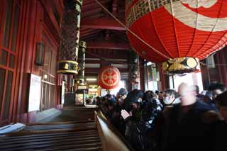 fotografia, material, livra, ajardine, imagine, proveja fotografia,Kawasakidaishi Omoto templo, A visita de Ano novo para um santurio de Xintosmo, adorador, Grande congesto, caixa de ofertrio