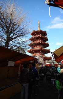 fotografia, material, livra, ajardine, imagine, proveja fotografia,Kawasakidaishi, A visita de Ano novo para um santurio de Xintosmo, adorador, filial, Cinco pagode de Storeyed octogonal