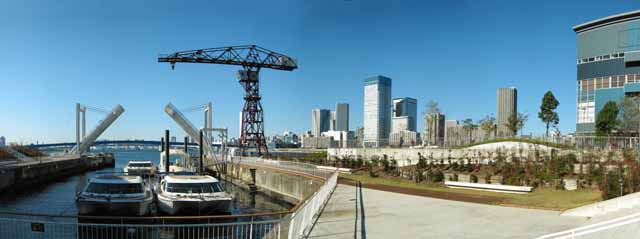 photo,material,free,landscape,picture,stock photo,Creative Commons,The seaside of Toyosu, ship, bascule bridge, crane, high-rise apartment