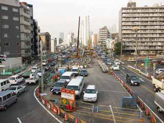 fotografia, materiale, libero il panorama, dipinga, fotografia di scorta,Secondo Yamate, La macchia di costruzione, marmellata di traffico, torre di ventilazione, sollevi con una gru autocarro