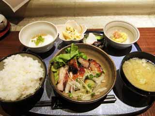 fotografia, material, livra, ajardine, imagine, proveja fotografia,Um teriyaki fixou refeio, Comida japonesa, Sopa de Miso, Arroz polido, Carne de porco