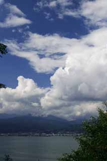 fotografia, materiale, libero il panorama, dipinga, fotografia di scorta,Suwa Lake in estate, nube, cielo blu, lago, montagna