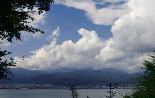 Foto, materiell, befreit, Landschaft, Bild, hat Foto auf Lager,Suwa Lake in Sommer, Wolke, blauer Himmel, See, Berg