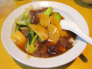 fotografia, material, livra, ajardine, imagine, proveja fotografia,Um prato de donburi que consiste em happosai em cima de arroz, broto de bambu, Repolho chins, Carne de boi, Arroz