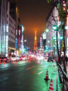 fotografia, material, livra, ajardine, imagine, proveja fotografia,Roppongi viso noturna, Torre de Tquio, Chuva, superfcie de estrada, Non
