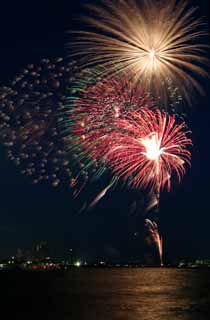 Foto, materiell, befreit, Landschaft, Bild, hat Foto auf Lager,Tokyo Bucht groartiges Feuerwerk, Feuerwerk, Nacht, Abschuss, Ein-Fufeuerwerkball