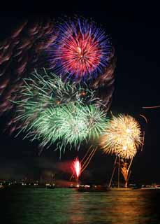 Foto, materiell, befreit, Landschaft, Bild, hat Foto auf Lager,Tokyo Bucht groartiges Feuerwerk, Feuerwerk, Nacht, Abschuss, Ein-Fufeuerwerkball