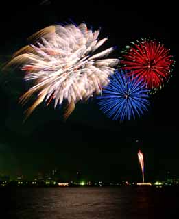 Foto, materiell, befreit, Landschaft, Bild, hat Foto auf Lager,Tokyo Bucht groartiges Feuerwerk, Feuerwerk, Nacht, Abschuss, Ein-Fufeuerwerkball