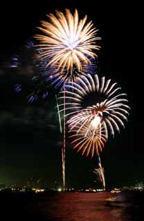 Foto, materiell, befreit, Landschaft, Bild, hat Foto auf Lager,Tokyo Bucht groartiges Feuerwerk, Feuerwerk, Nacht, Abschuss, Ein-Fufeuerwerkball