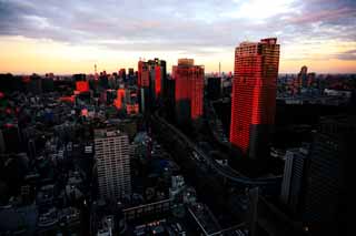 Foto, materiell, befreit, Landschaft, Bild, hat Foto auf Lager,Tokyo-Sonnenuntergang, Gebude, Das Stadtzentrumsgebiet, Shiodome, Hochhauswohnung
