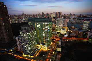 Foto, materiell, befreit, Landschaft, Bild, hat Foto auf Lager,Tokyo Nacht Sicht, Gebude, Das Stadtzentrumsgebiet, Ein alter Rasen kaiserliche Villa kniglicher Geschenkgarten, Toyosu