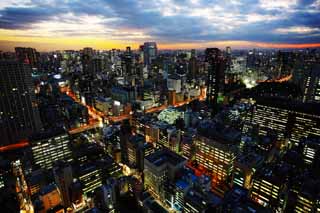 Foto, materiell, befreit, Landschaft, Bild, hat Foto auf Lager,Tokyo Nacht Sicht, Gebude, Das Stadtzentrumsgebiet, Tamachi, Sonnenuntergang