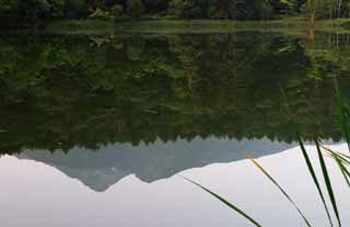 photo,material,free,landscape,picture,stock photo,Creative Commons,Reflection of Mt. Rishiri-fuji, water surface, mountain, sky, HimenumPond