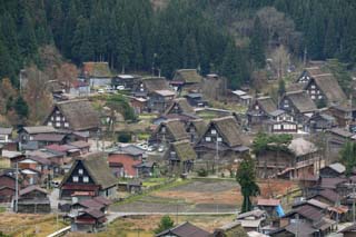 Foto, materieel, vrij, landschap, schilderstuk, bevoorraden foto,Shirakawago kommanderend, Architectuur met hoofd ridgepole, Thatching, Particulier huis, Landelijk landschap