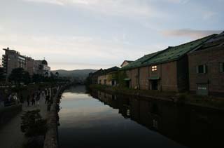 fotografia, material, livra, ajardine, imagine, proveja fotografia,Otaru canal noite paisagem, canal, iluminao de rua, A superfcie da gua, amure armazm