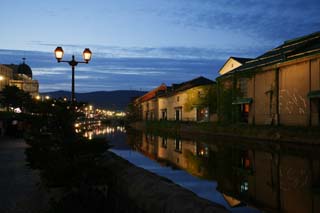 photo, la matire, libre, amnage, dcrivez, photo de la rserve,Paysage du soir du canal d'Otaru, canal, clairage public, La surface de l'eau, murez l'entrept