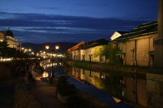 fotografia, material, livra, ajardine, imagine, proveja fotografia,Otaru canal noite paisagem, canal, iluminao de rua, A superfcie da gua, amure armazm