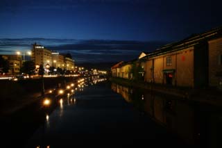 photo, la matire, libre, amnage, dcrivez, photo de la rserve,Paysage du soir du canal d'Otaru, canal, clairage public, La surface de l'eau, murez l'entrept