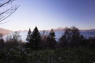 Foto, materieel, vrij, landschap, schilderstuk, bevoorraden foto,Tijdstip van Lake Shikotsu-ko, Plas, Ik het doe, en het is Plas kunst, Kustlijn, De besneeuwde bergen