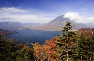 fotografia, material, livra, ajardine, imagine, proveja fotografia,Lago de luz solar Chuzenji-ko e Mt. figura masculina, lago, Bordo, cu azul, montanha