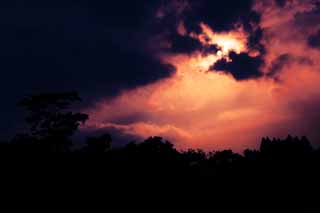 fotografia, materiale, libero il panorama, dipinga, fotografia di scorta,Senzoku Pond panorama di sera, Il sole, nube, silhouette, 