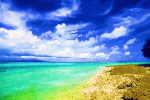 Illust, materieel, vrij, landschap, schilderstuk, schilderstuk, kleuren potlood, crayon, werkje,Een strand van het zand van een ster, Wolk, Strand, Blauwe lucht, Smaragd groen