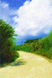 illustration,material,free,landscape,picture,painting,color pencil,crayon,drawing,A way of a southern country, Asphalt, Sunlight, I am green, cloud