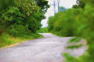 illustration,material,free,landscape,picture,painting,color pencil,crayon,drawing,A way of a southern country, Asphalt, telephone pole, I am green, cloud